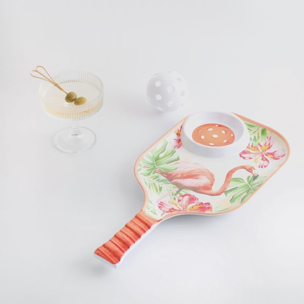 Flamingo Melamine Chip and Dip Tray, Tropical Floral Pickleball Paddle design. - Picture 3 of 9